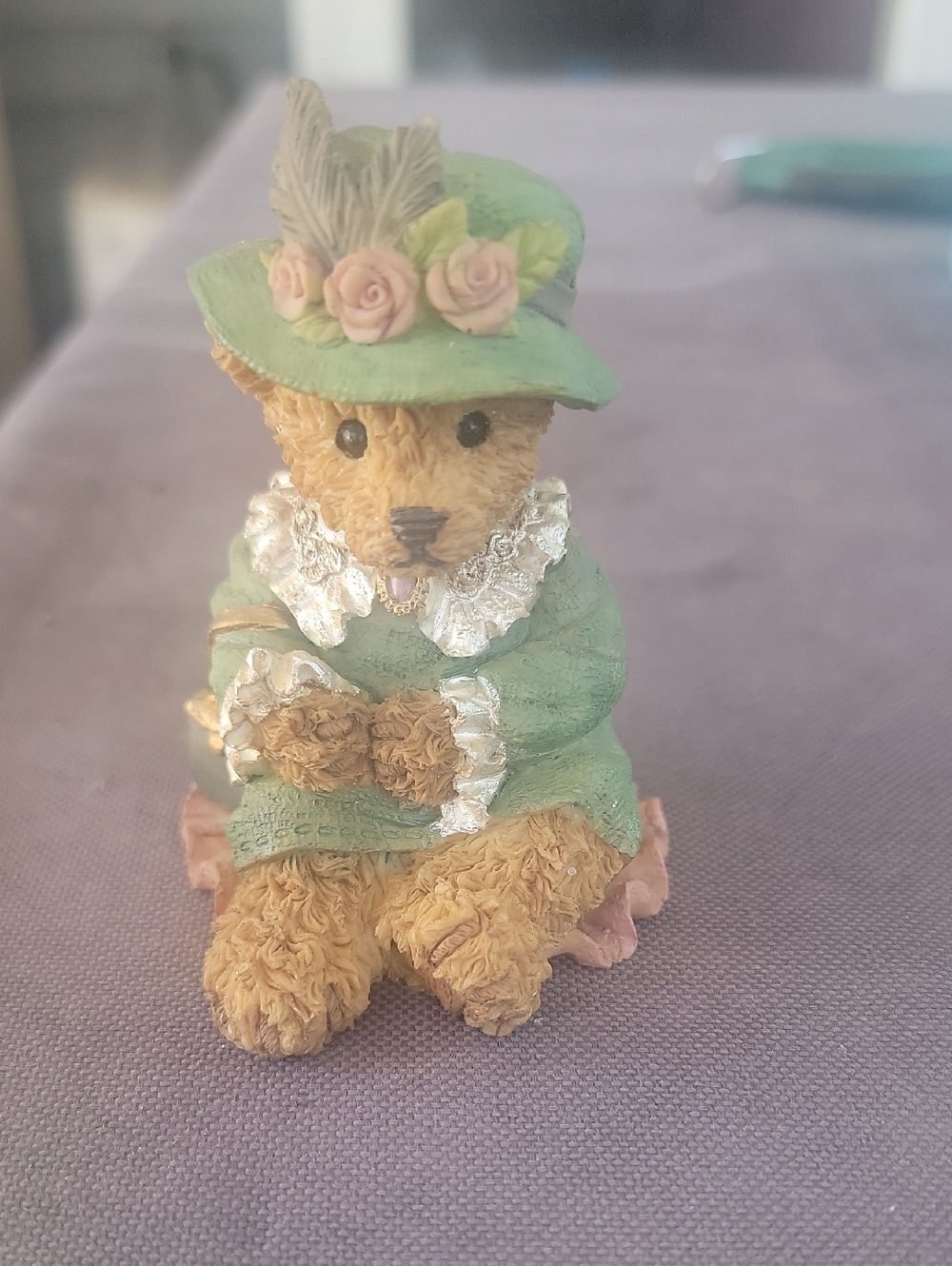 Home Interiors Green Teddy Bear Figurine with Pink Rose Hat